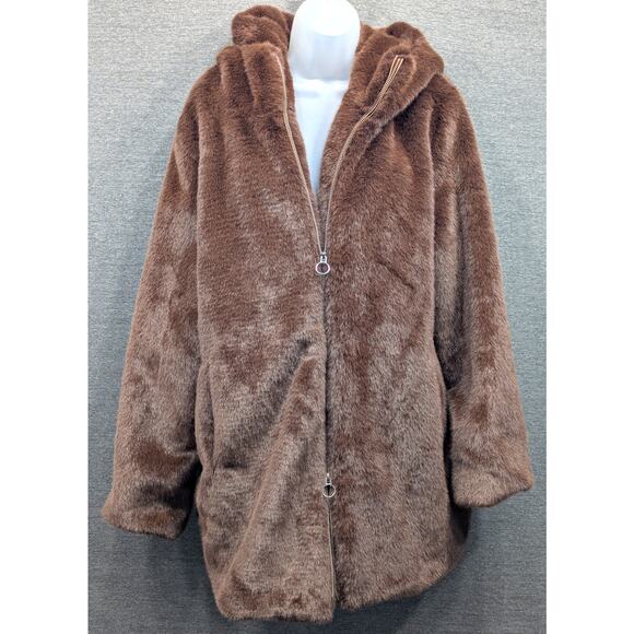HOUSE OF HARLOW 1960 by Revolve Long Coat - Chocolate Brown, Faux Fur, Hood, XL - Picture 1 of 5